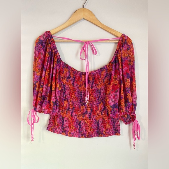 Free People Floral Print Women's Smocked Puff Sleeve Crop Top  Hot Pink NWT - Picture 6 of 11